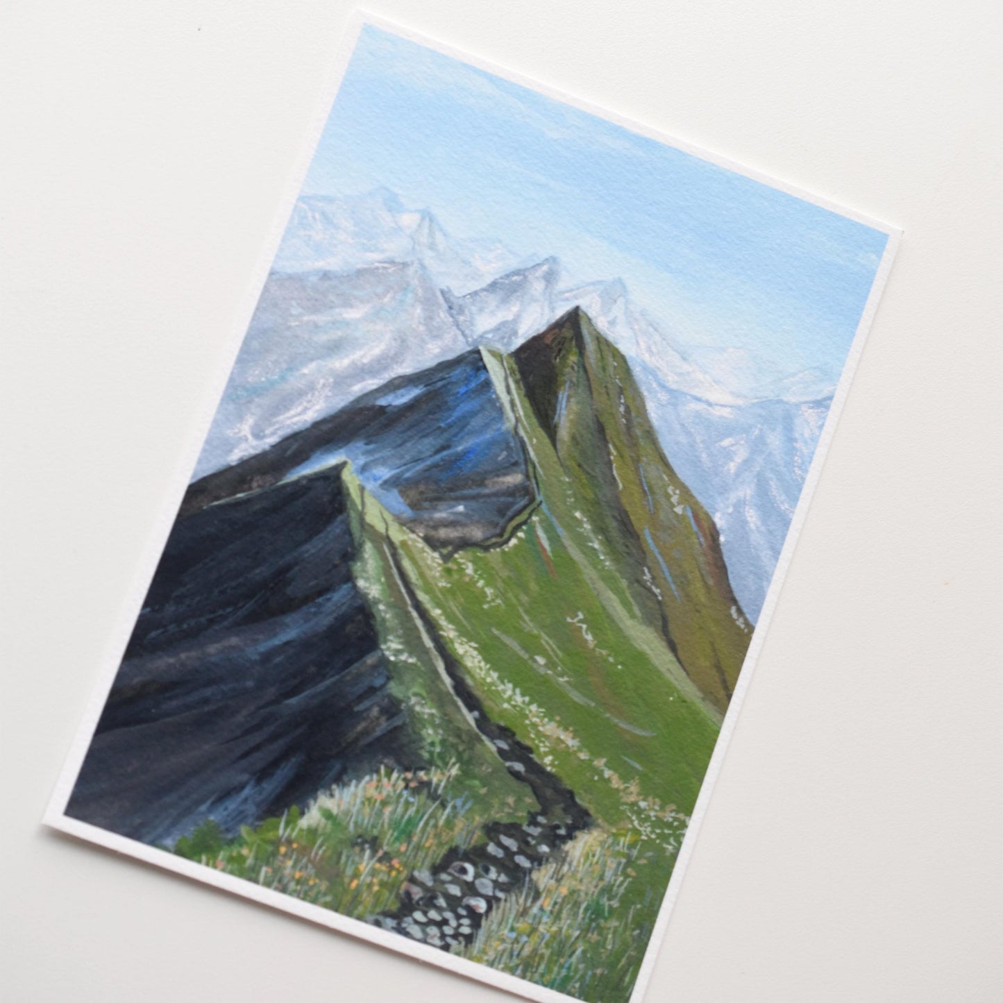 Verdant Peaks Gouache Art Print: Fine Art Paper Mountain Landscape