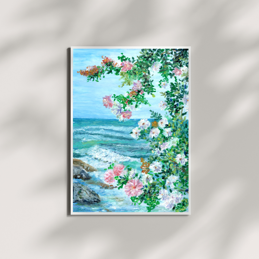 Dreamy gouache painting by HerPens of soft flowers blooming by a calm blue sea, blending peaceful coastal scenery with gentle, pastel tones for a serene and poetic feeling.