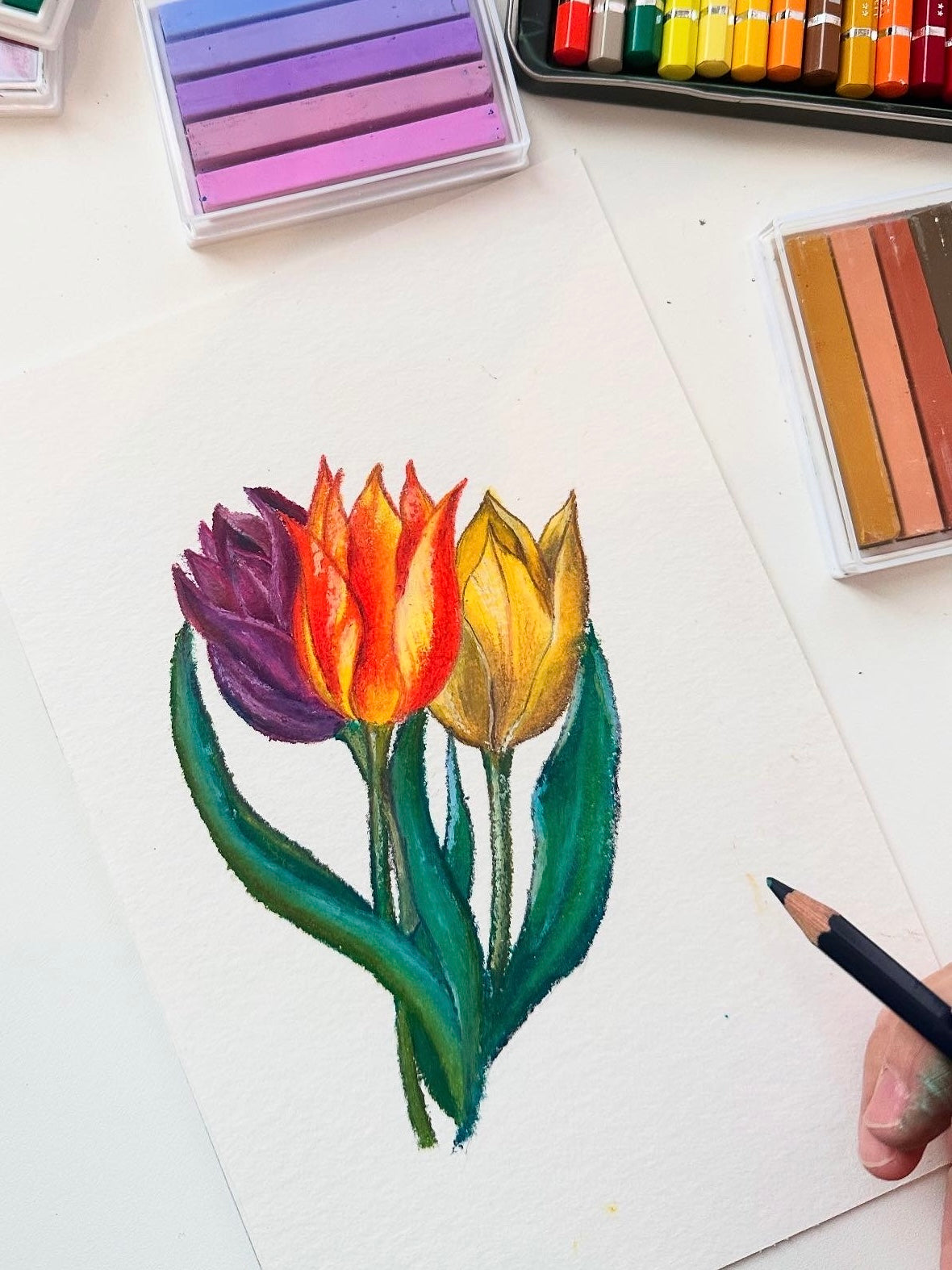 Handcrafted tulip artwork drawn with soft pastels by HerPens, featuring purple, orange, and yellow tulips on textured paper — part of the artist’s creative process.