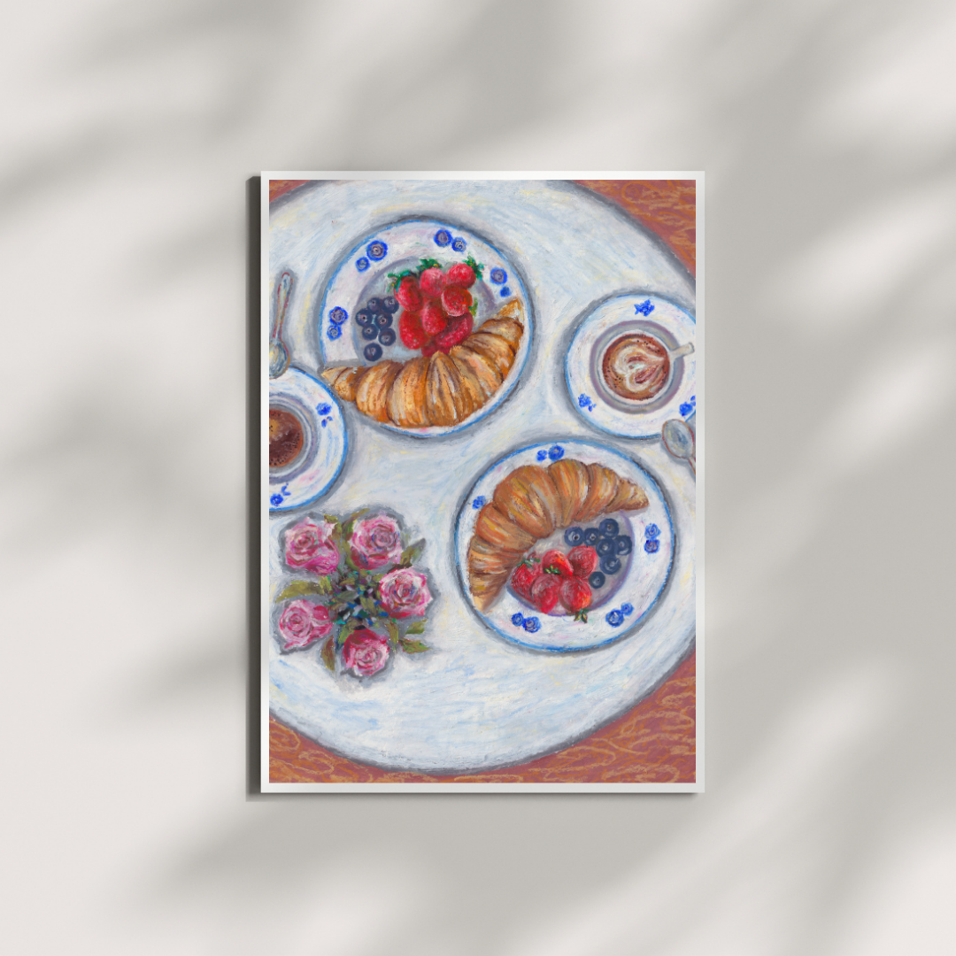 Cozy oil pastel painting by HerPens of a warm breakfast table scene, capturing peaceful morning moments filled with light, comfort, and simple everyday joy — perfect for art lovers who enjoy calm, homely illustrations.