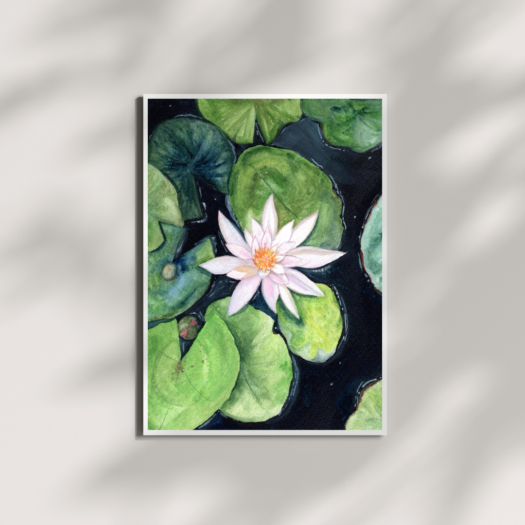 Gouache painting by HerPens of a single white water lily floating gently on a calm pond, reflecting simplicity, peace, and quiet beauty in nature-inspired art.