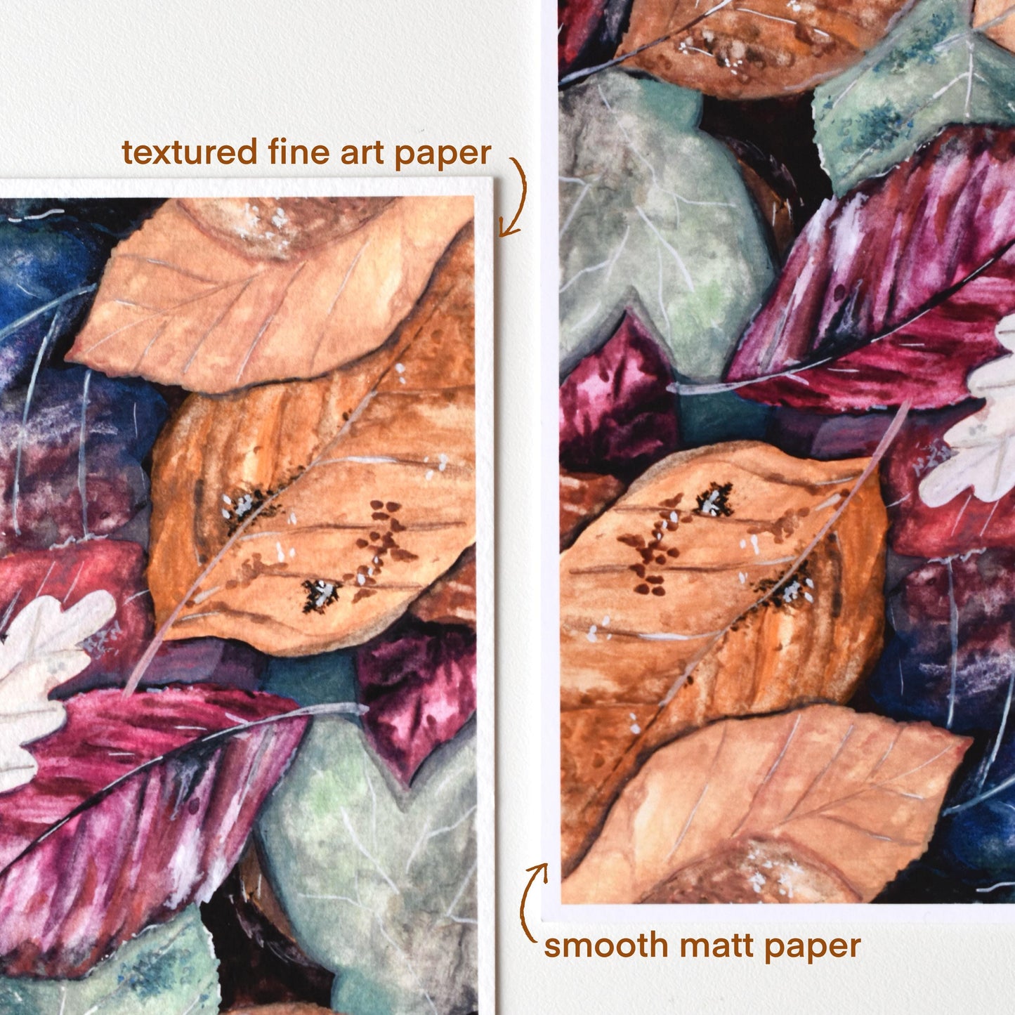 Comparison of “Autumn Leaves” postcard finishes — smooth matte vs textured fine art paper, showing both options side by side from HerPens.