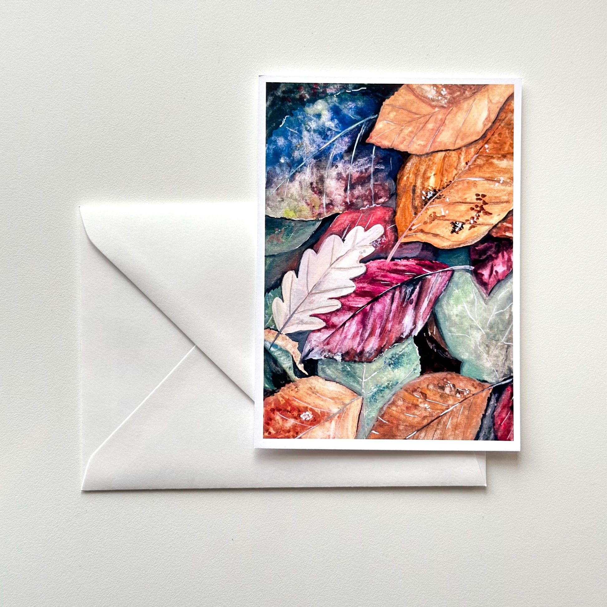 “Autumn Leaves” A6 art postcard with a white envelope — autumn leaf artwork printed on premium paper, ready for gifting from HerPens.