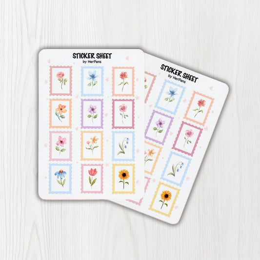 Close up of watercolor floral stamp stickers showing soft texture and vintage botanical details herpens