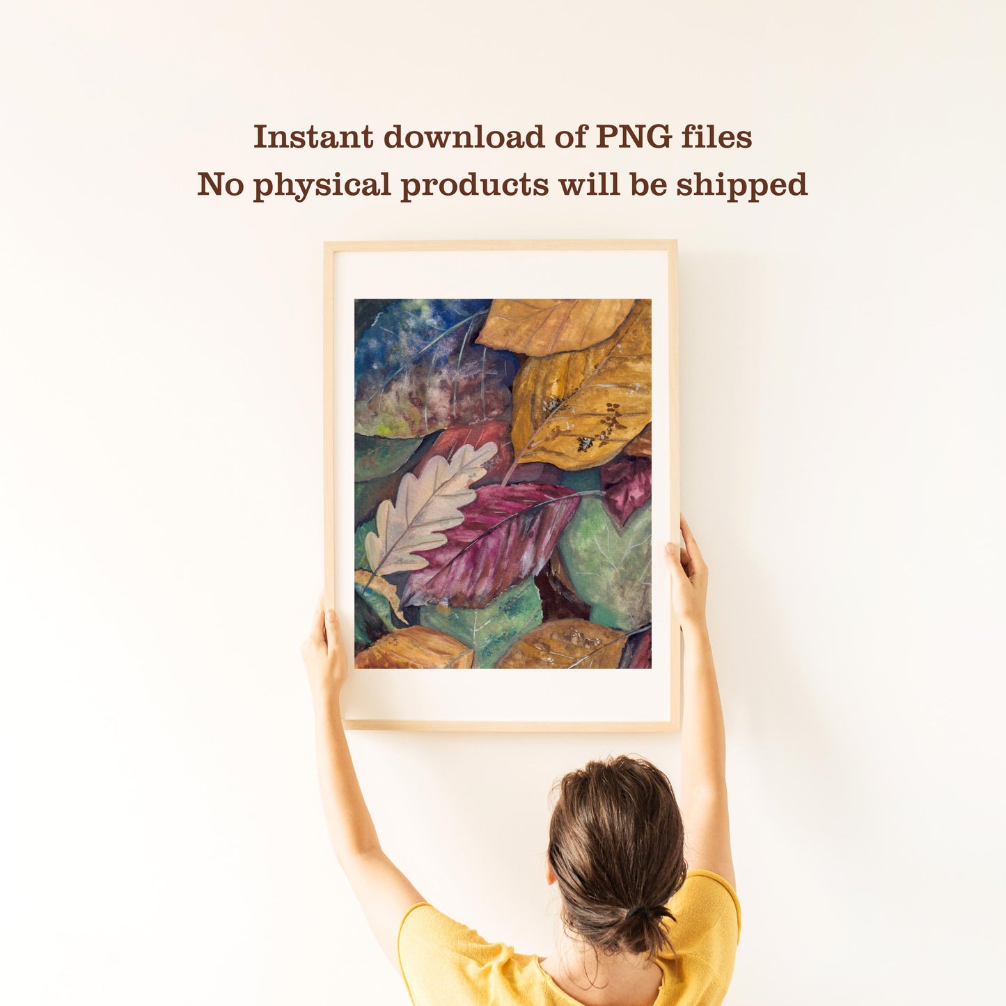 Instant download mockup with person holding framed “Colors of Autumn” gouache artwork, printable fall leaves illustration, HerPens