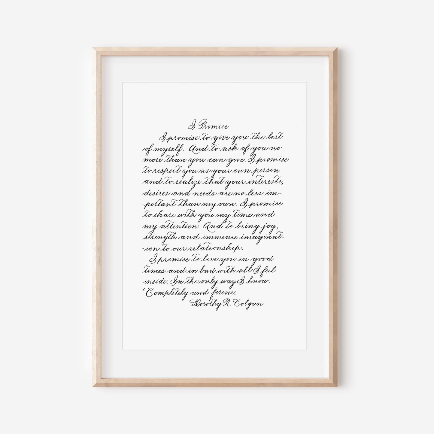 framed Spencerian calligraphy wedding vows love letter or poem keepsake
