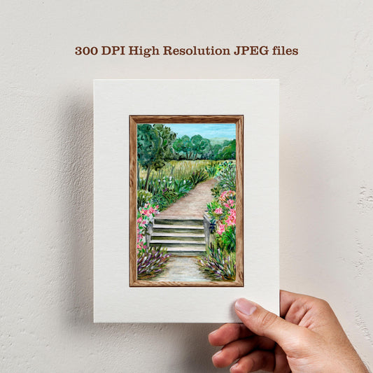 Summer Park | Printable from Orginal Art | Watercolour Crayon Painting | Digital Download | Nature-Inspired Floral Illustration