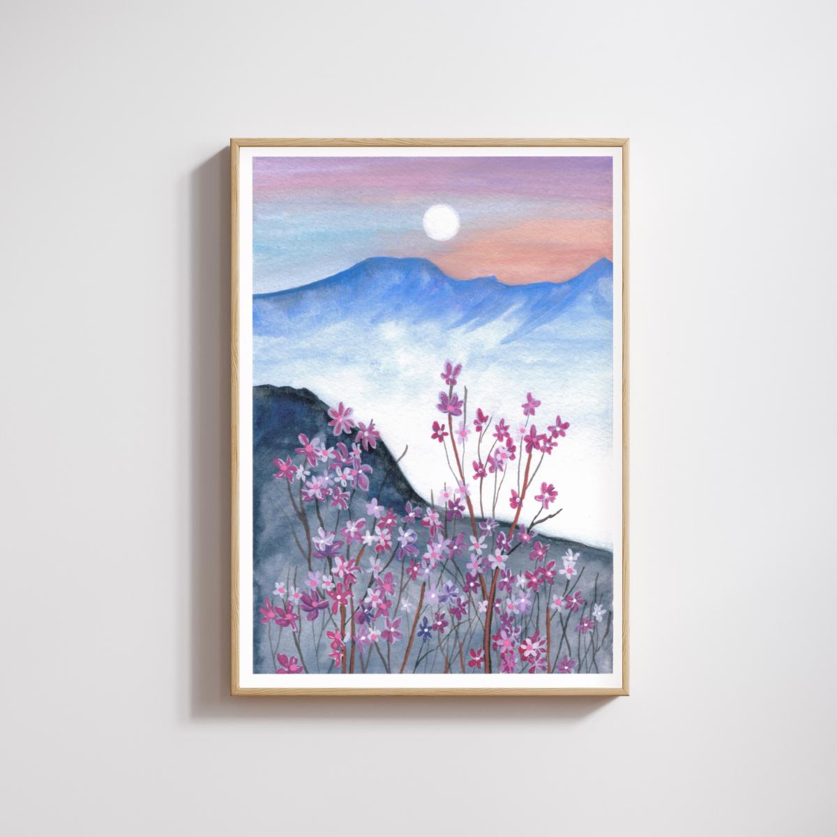 Moonlit Mountain Floral Art Print – Gouache Painting on Fine Art Paper