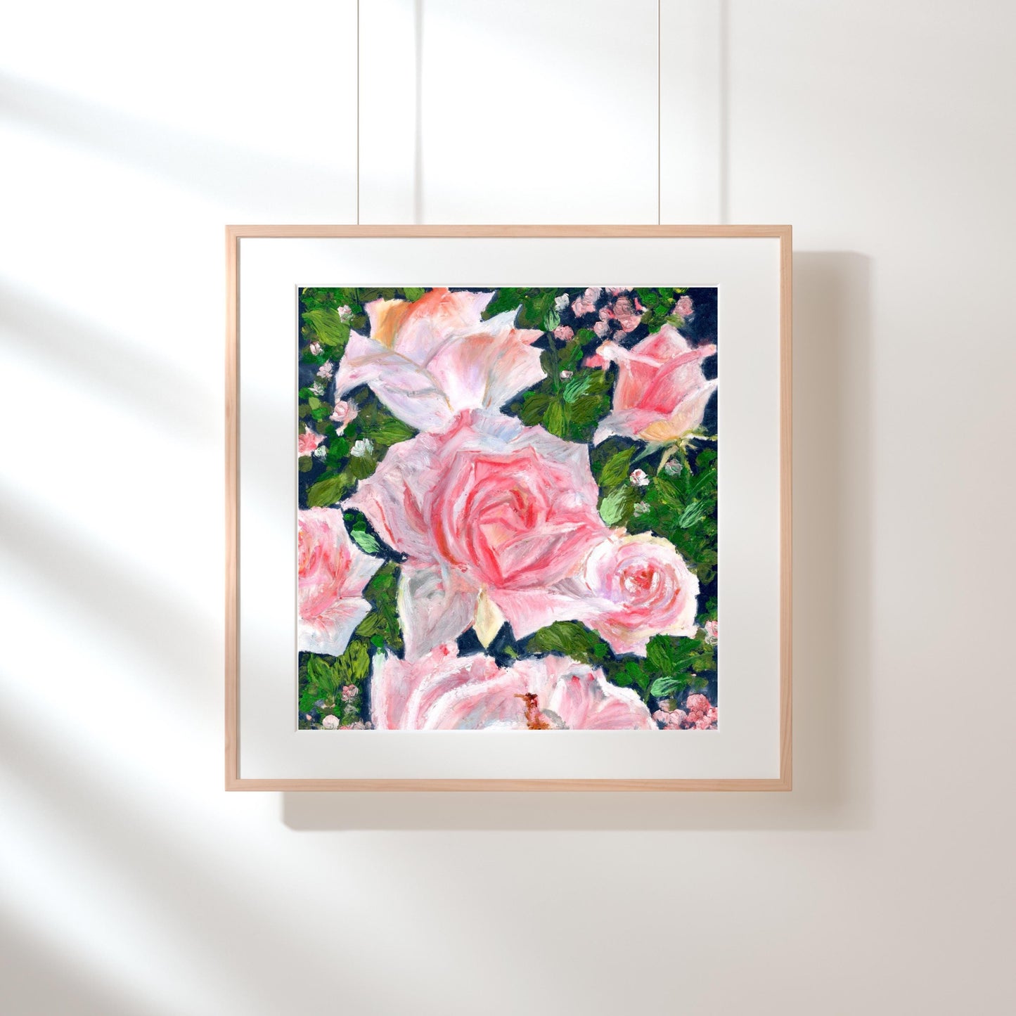 Rose Garden floral digital art print hanging on a wall in bright natural light, soft pink roses and garden foliage illustration, HerPens