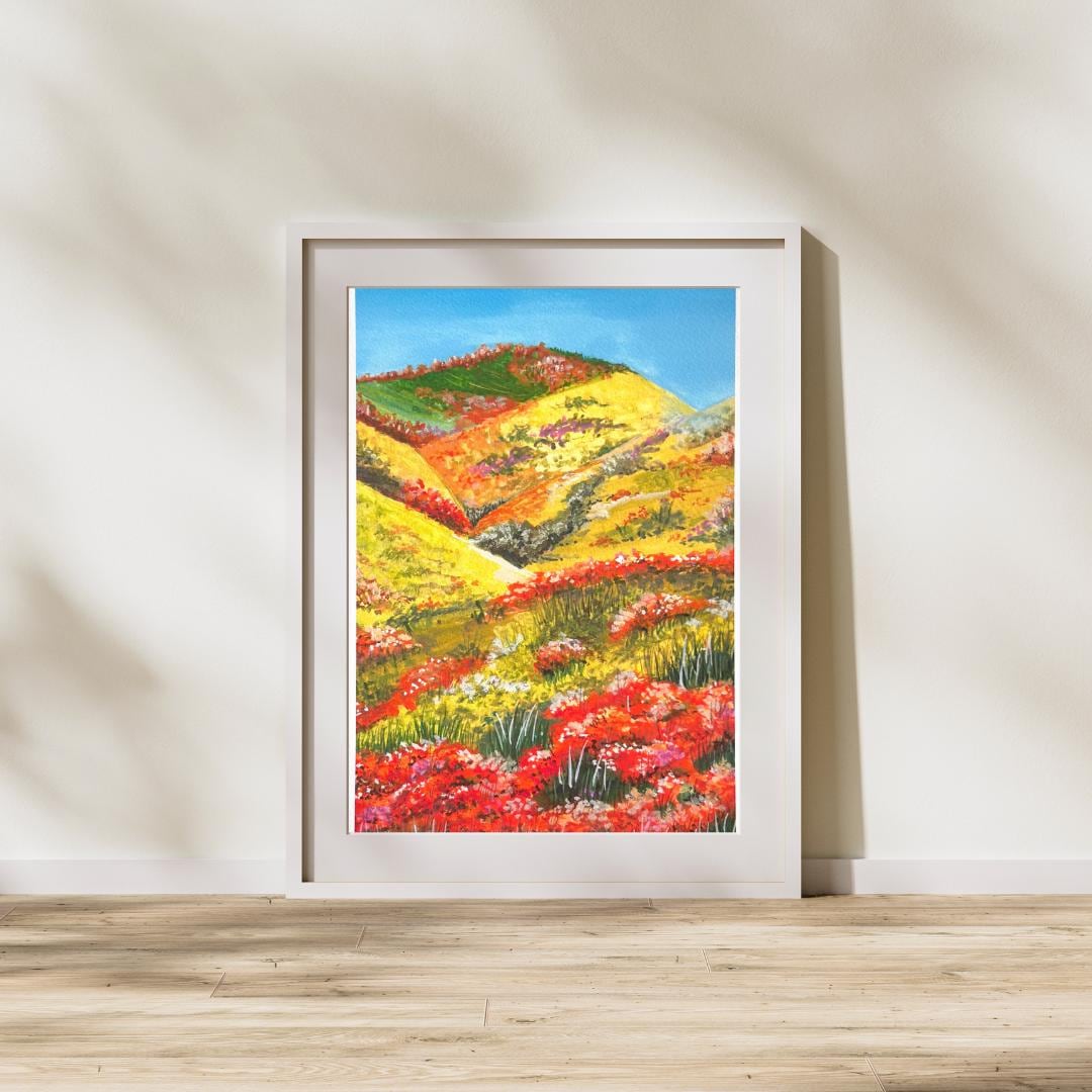 “The Blooming Path” fine art print displayed on the wall — peaceful floral path artwork adding a touch of nature indoors.