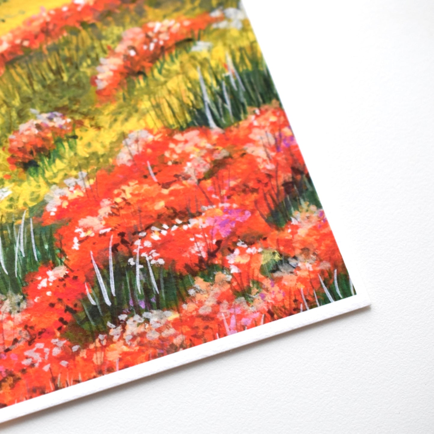 Close-up of “The Blooming Path” printed on textured 310gsm fine art paper — archival giclée quality with visible paper texture.