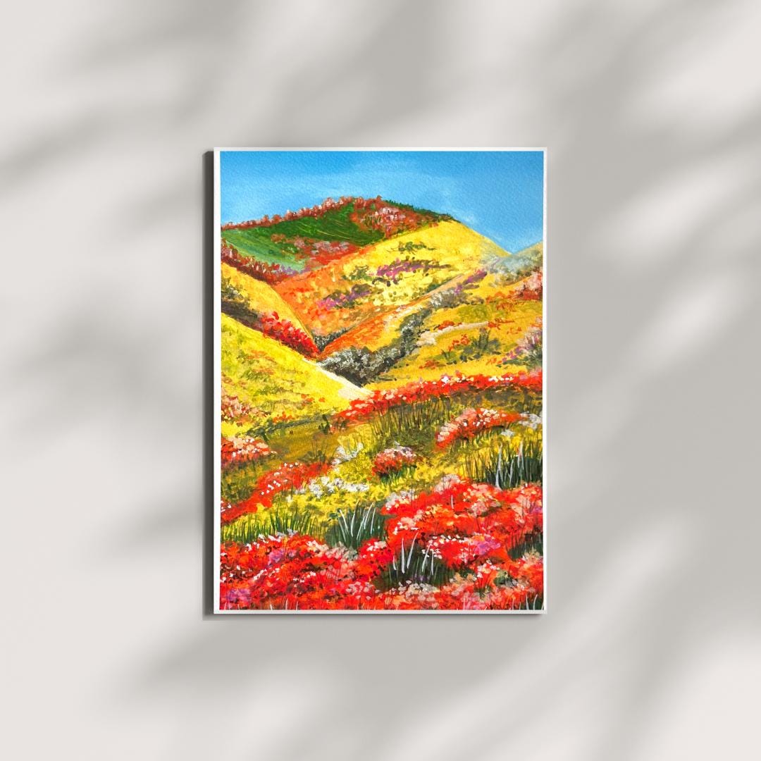 “The Blooming Path” gouache art print by HerPens — colourful flowers lining a path in nature, printed on 310gsm fine art paper.