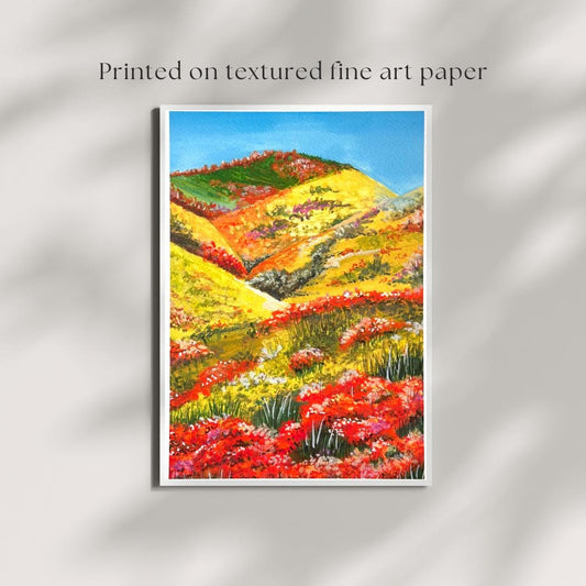 “The Blooming Path” gouache art print shown framed with text reading Printed on textured fine art paper — botanical garden path artwork by HerPens.