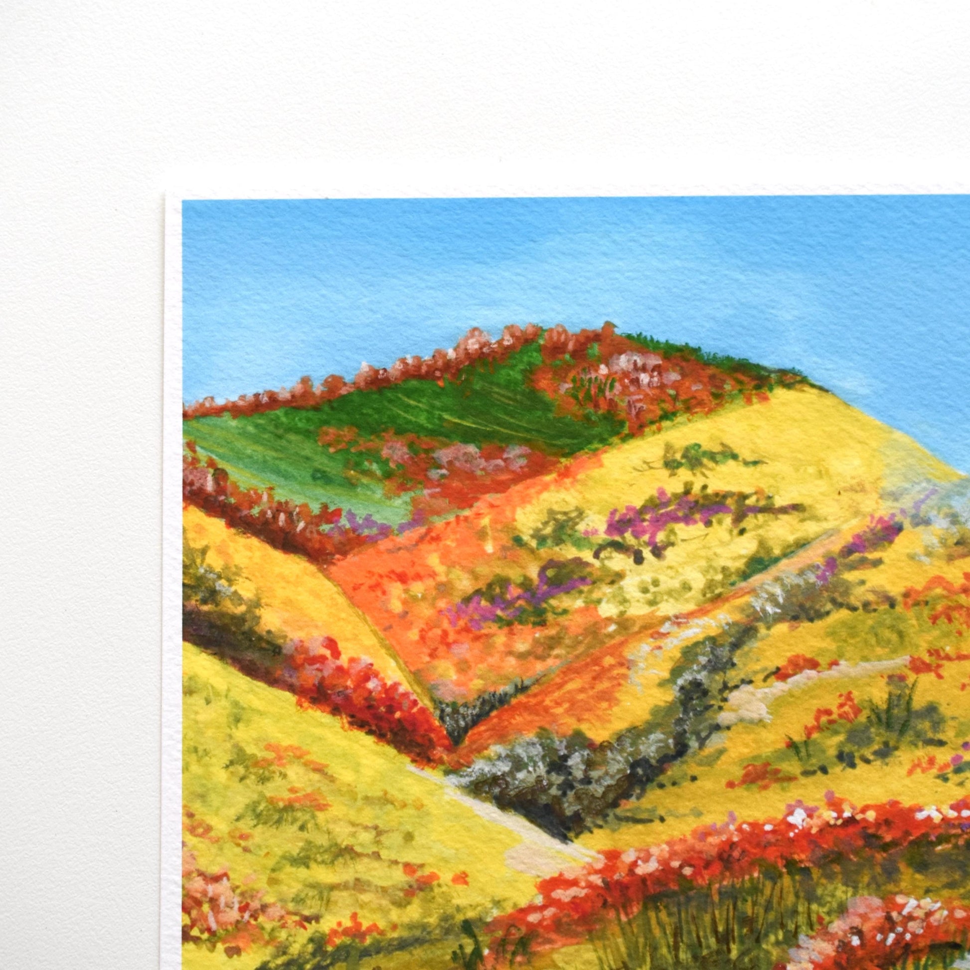 Close-up of the flowers in “The Blooming Path” — layered gouache texture and rich colour in the blooming garden scene.