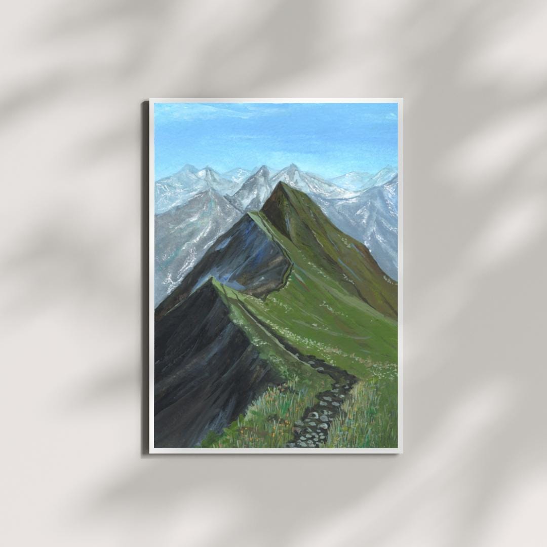 “Verdant Peaks” gouache art print — soft green mountain ridge under a clear blue sky, printed on fine art paper and shown as wall art.