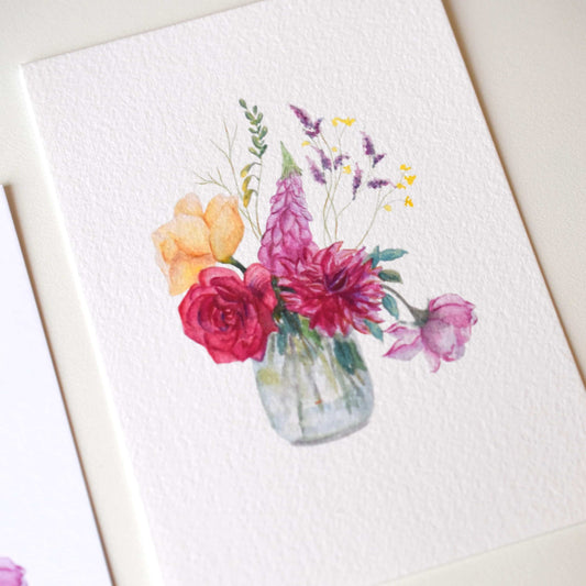 “Watercolour Flowers Vase” art postcard on textured fine art 310 gsm paper — painterly surface showing the natural watercolor grain by HerPens.