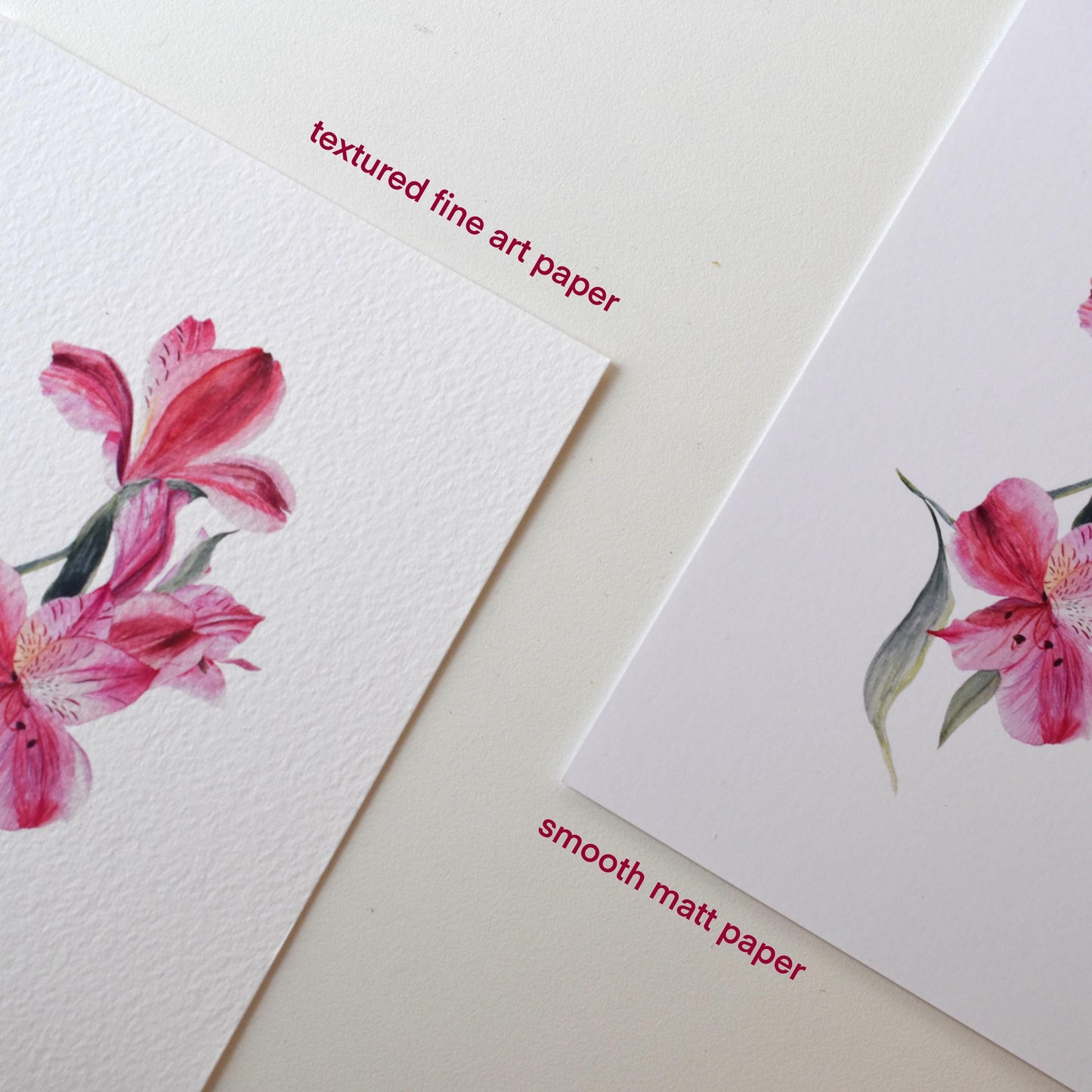 Watercolour Lily of the Incas A6 postcards — smooth matte and textured fine art paper shown side by side with paper names labeled, by HerPens.