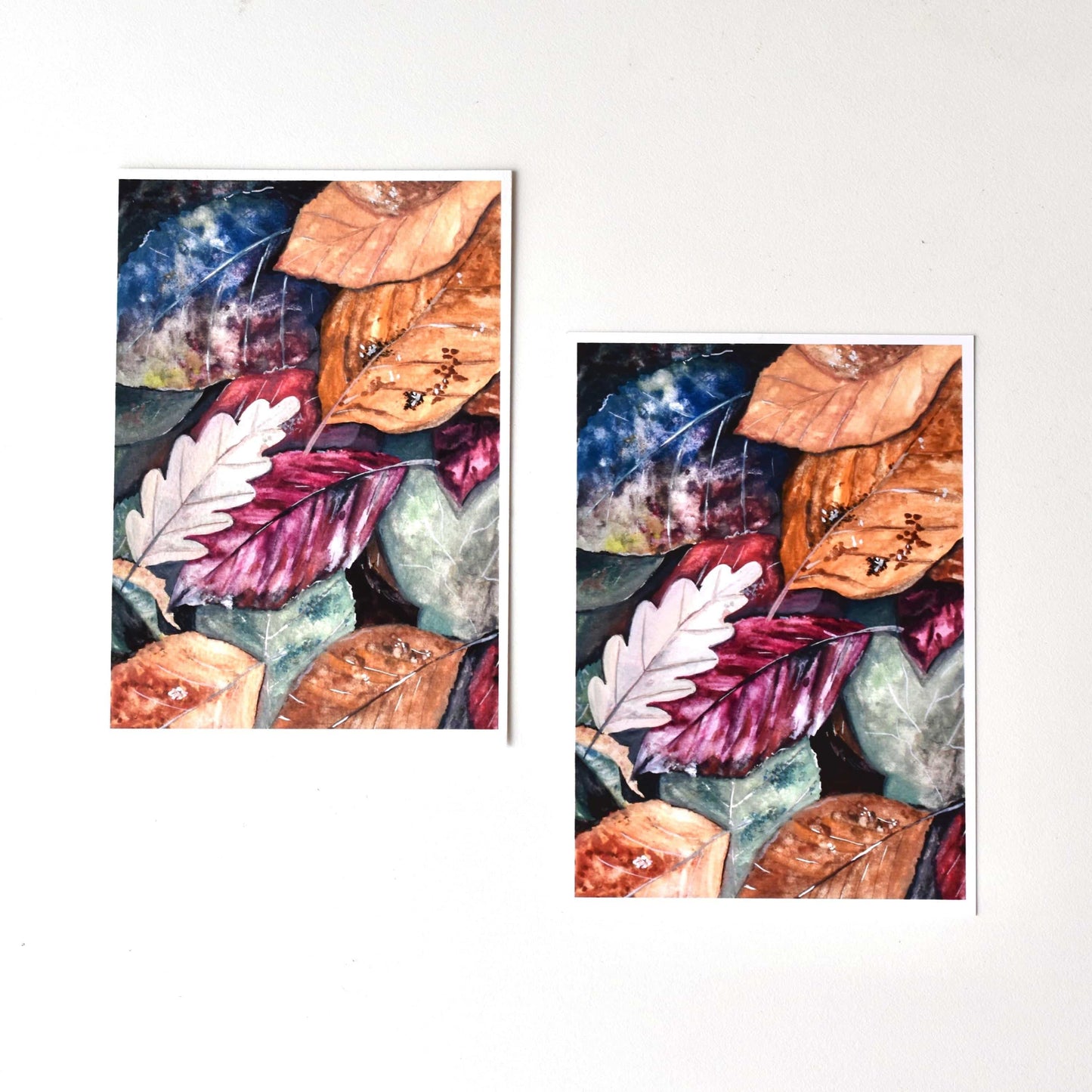 Two A6 autumn leaves postcards printed from original gouache artwork