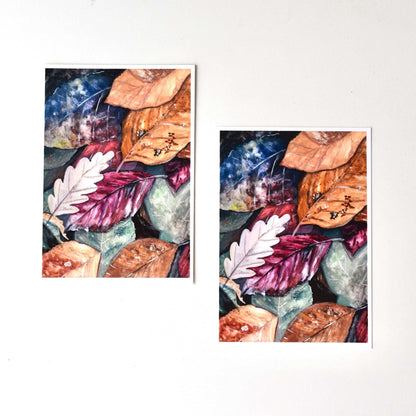 Two A6 autumn leaves postcards printed from original gouache artwork
