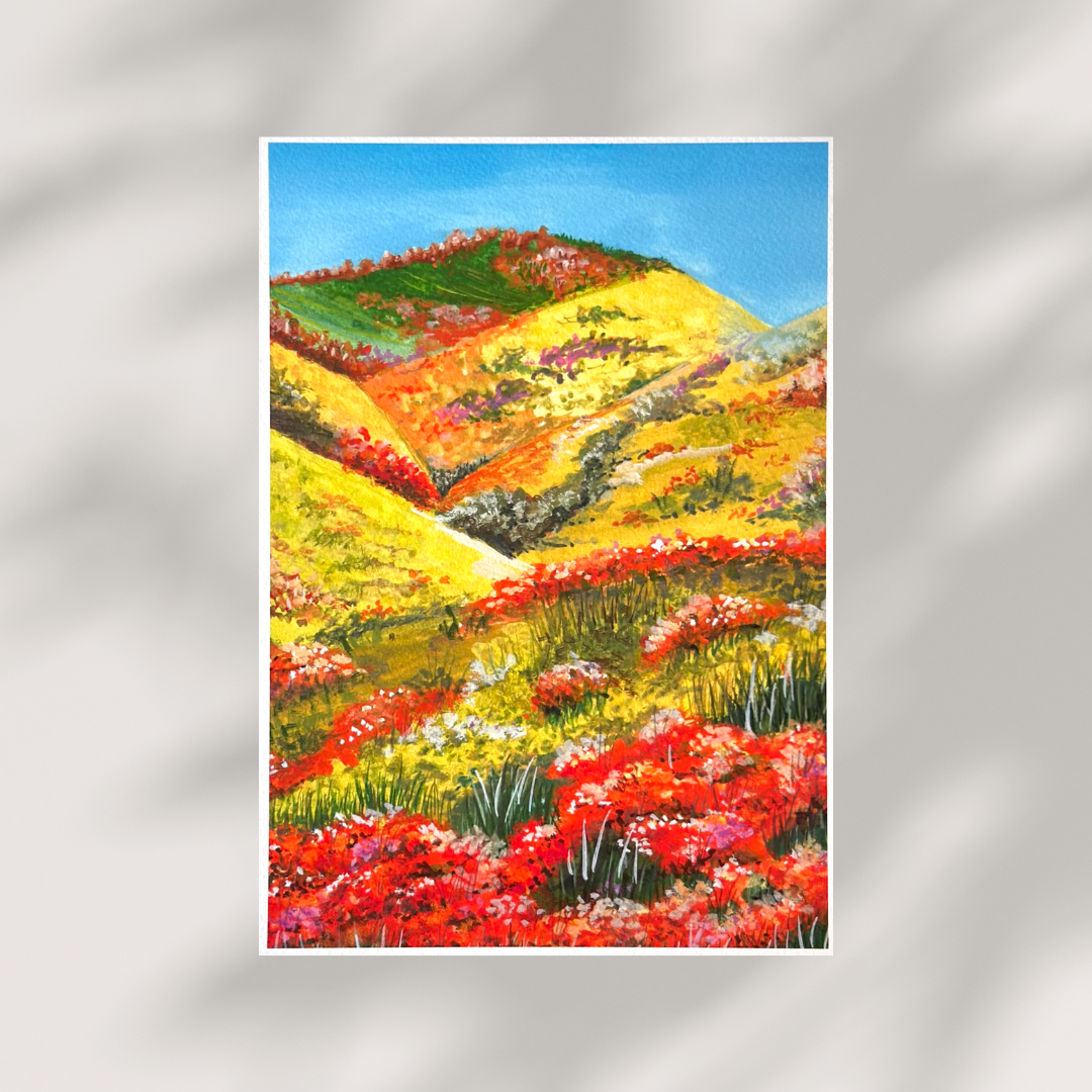 Vibrant gouache painting by HerPens of blooming hills in warm orange, yellow, and green tones, capturing the joyful energy and brightness of a lively landscape in full bloom.