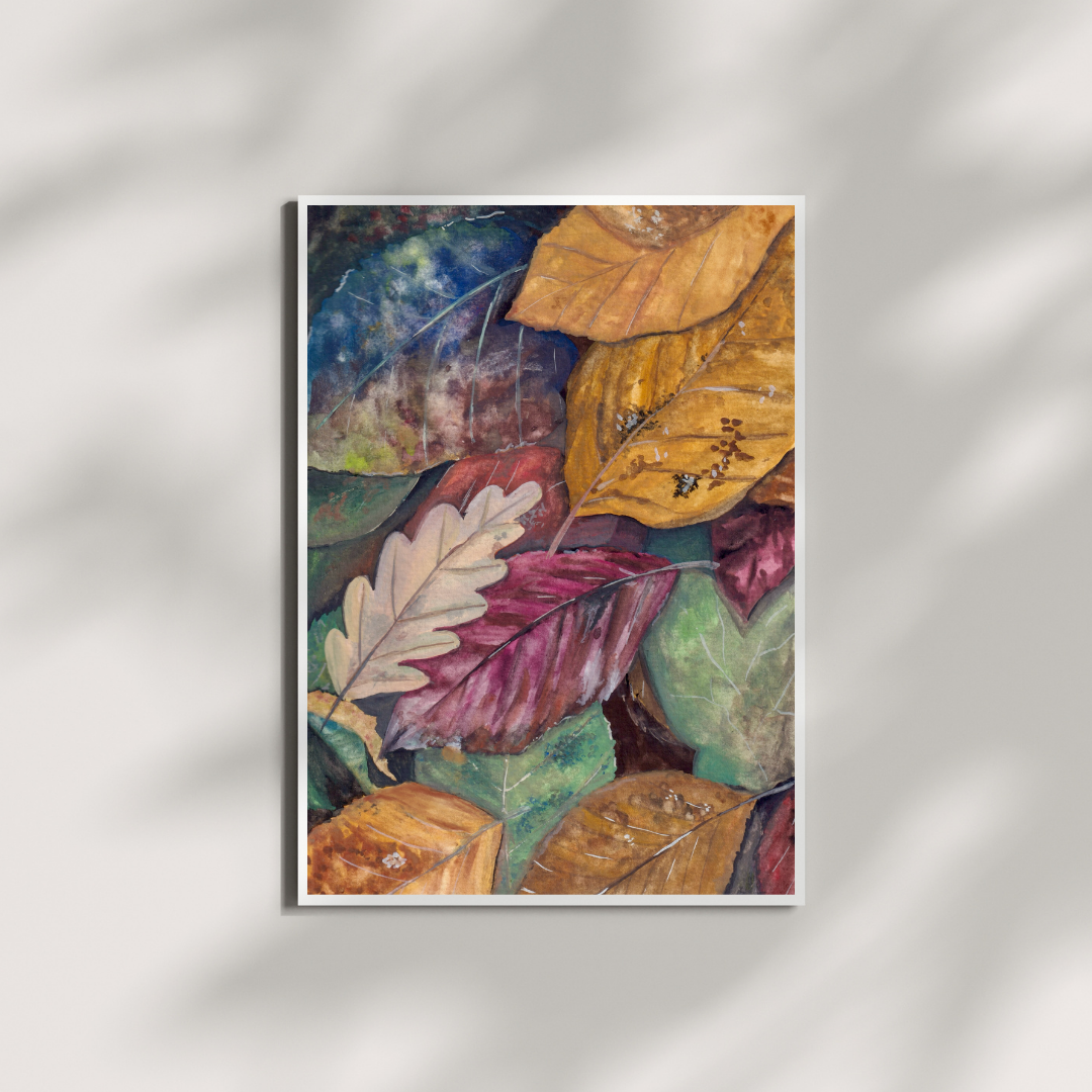Gouache painting by HerPens of fallen autumn leaves in warm, earthy shades, celebrating the harmony and beauty found in nature’s seasonal change.