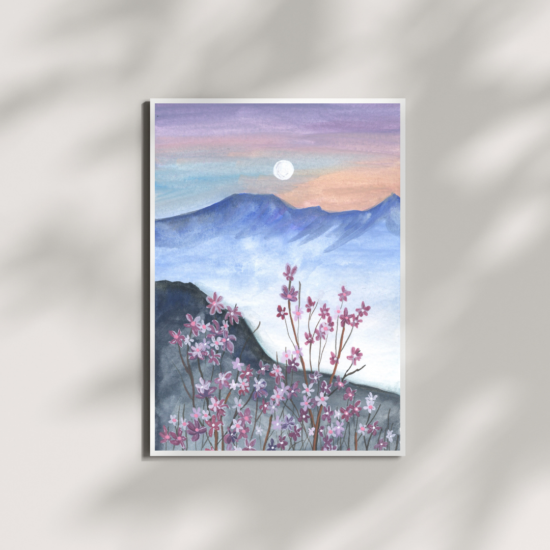 Gouache painting by HerPens showing a moonlit mountain with gentle blossoms below, capturing a peaceful, romantic, and slightly magical night atmosphere.