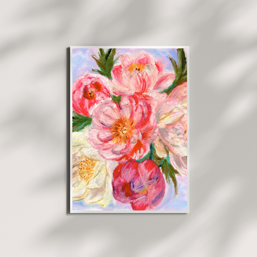 Oil pastel bouquet painting by HerPens featuring peonies in various colours and shapes, with rich textures that bring warmth and character to each flower.