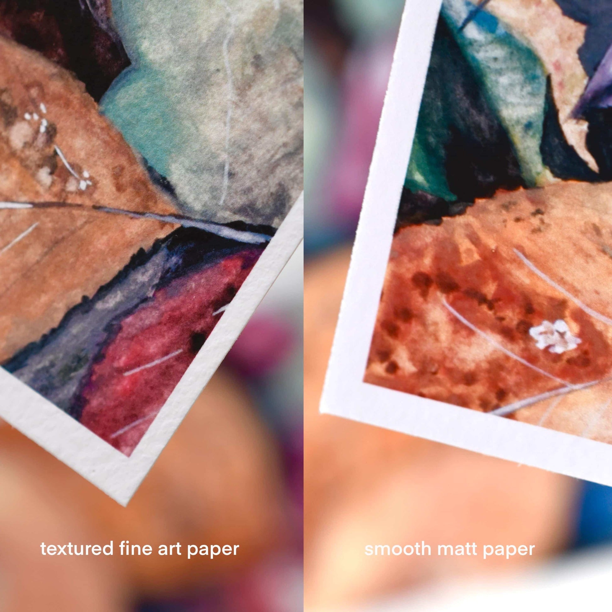 Side-by-side comparison of textured fine art paper and smooth matte paper for an A6 gouache art print postcard
