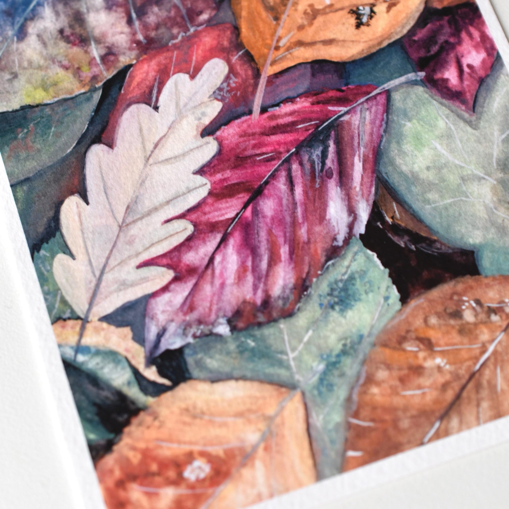 Close-up detail of the “Autumn Leaves” gouache print — intricate leaf pattern and visible paper texture on fine art print by HerPens.