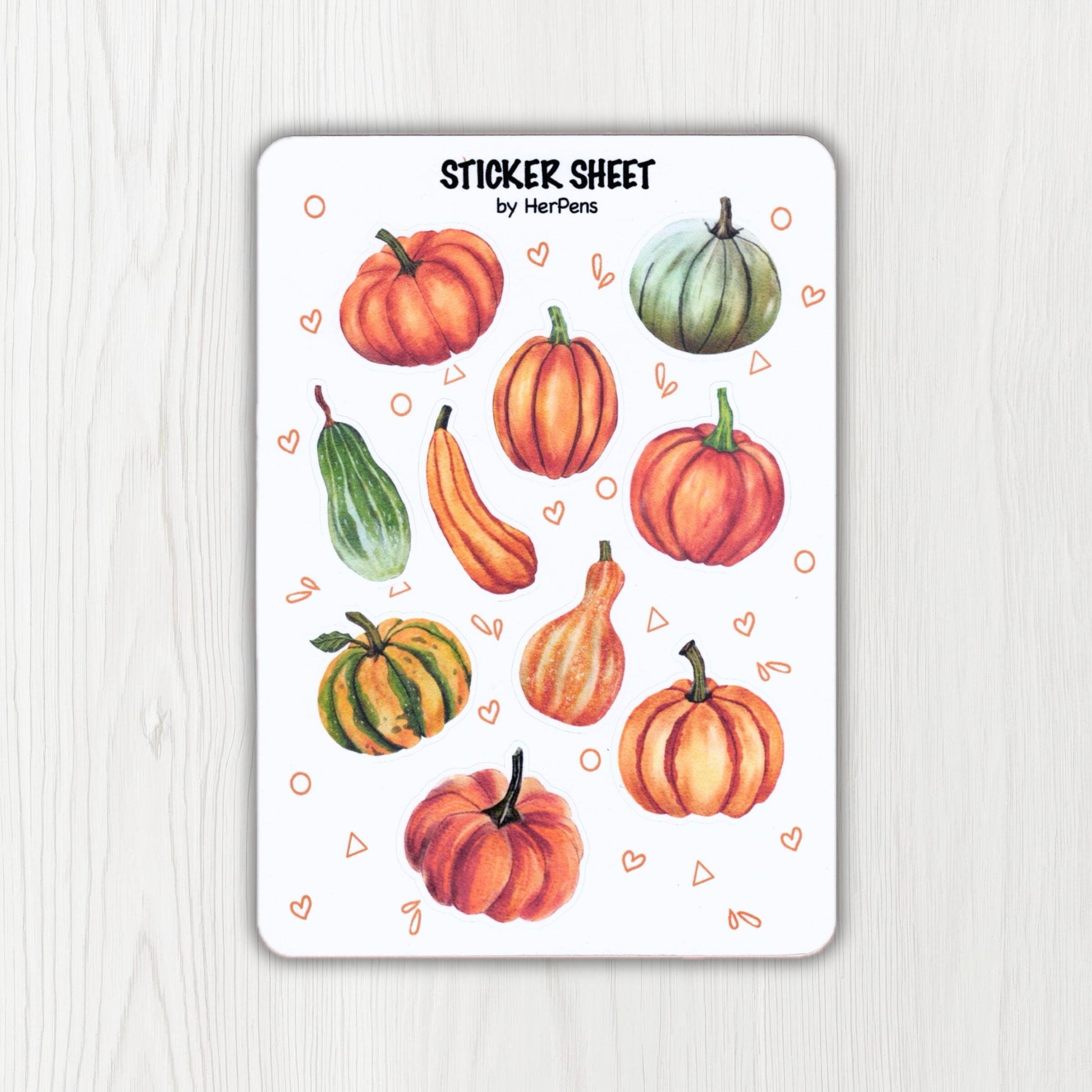 Handwritten watercolor pumpkin sticker sheet in warm autumn tones on A6 matte paper cozy fall journal stickers herpens