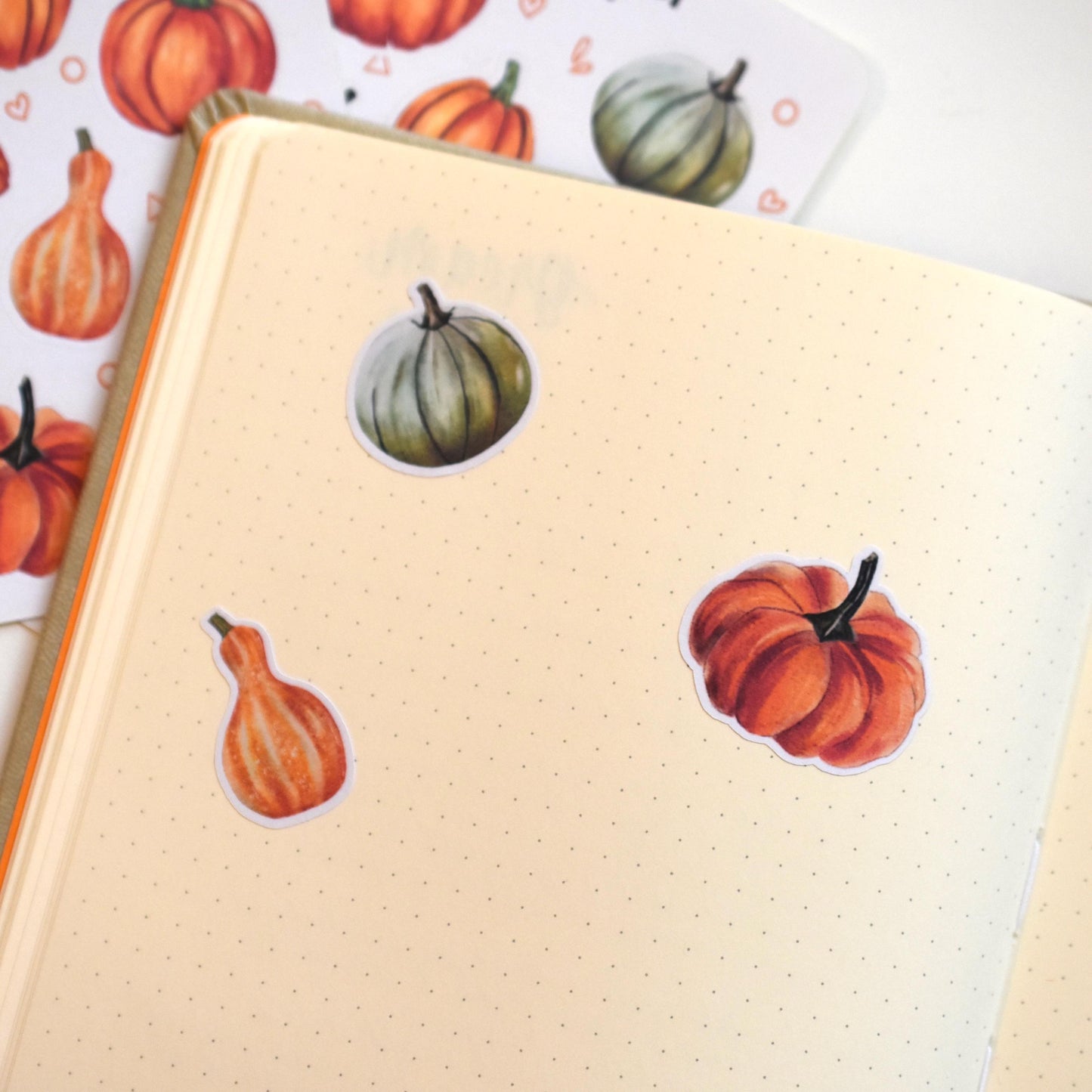 Handwritten autumn themed sticker sheet with pumpkin illustrations perfect for bullet journal and planner decoration herpens
