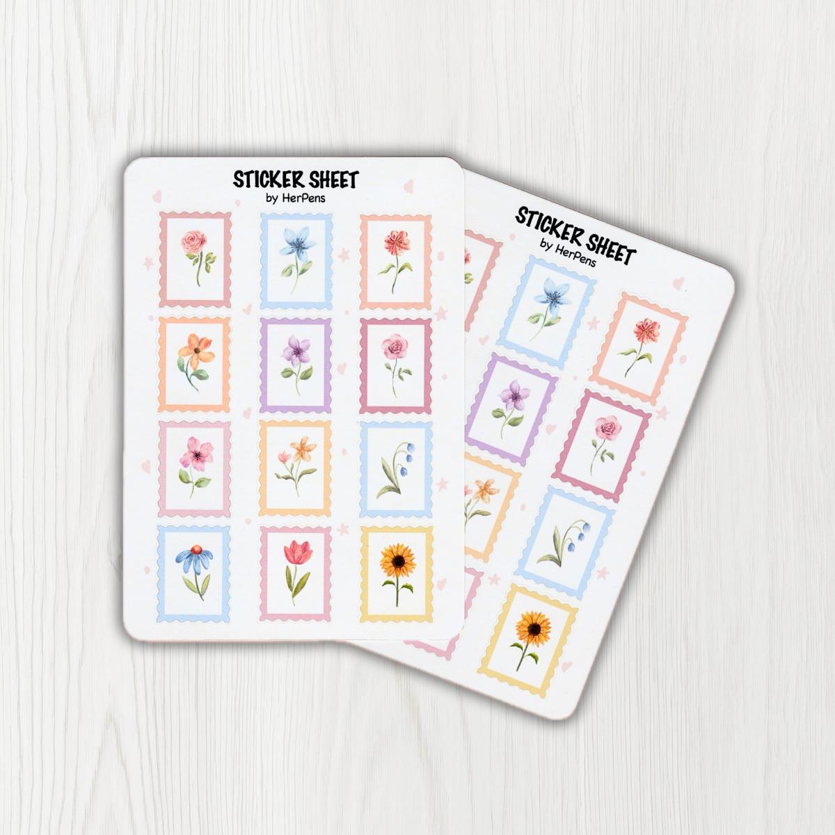 Close up of watercolor floral stamp stickers showing soft texture and vintage botanical details herpens