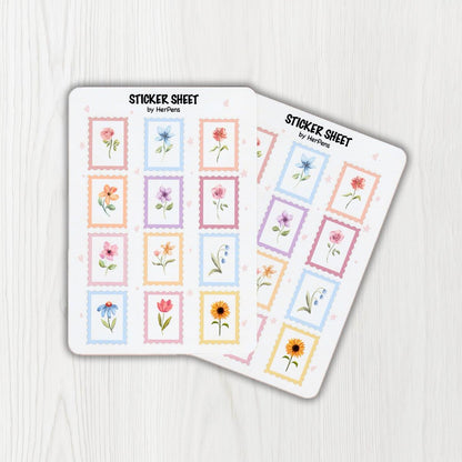 Close up of watercolor floral stamp stickers showing soft texture and vintage botanical details herpens