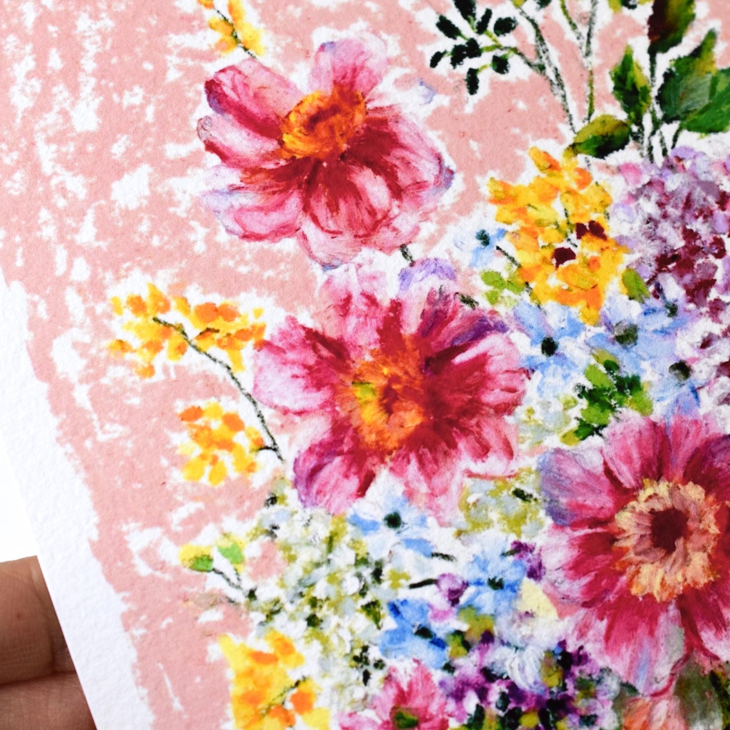 Side view of oil pastel floral print featuring a full bouquet arrangement with warm, colorful blooms