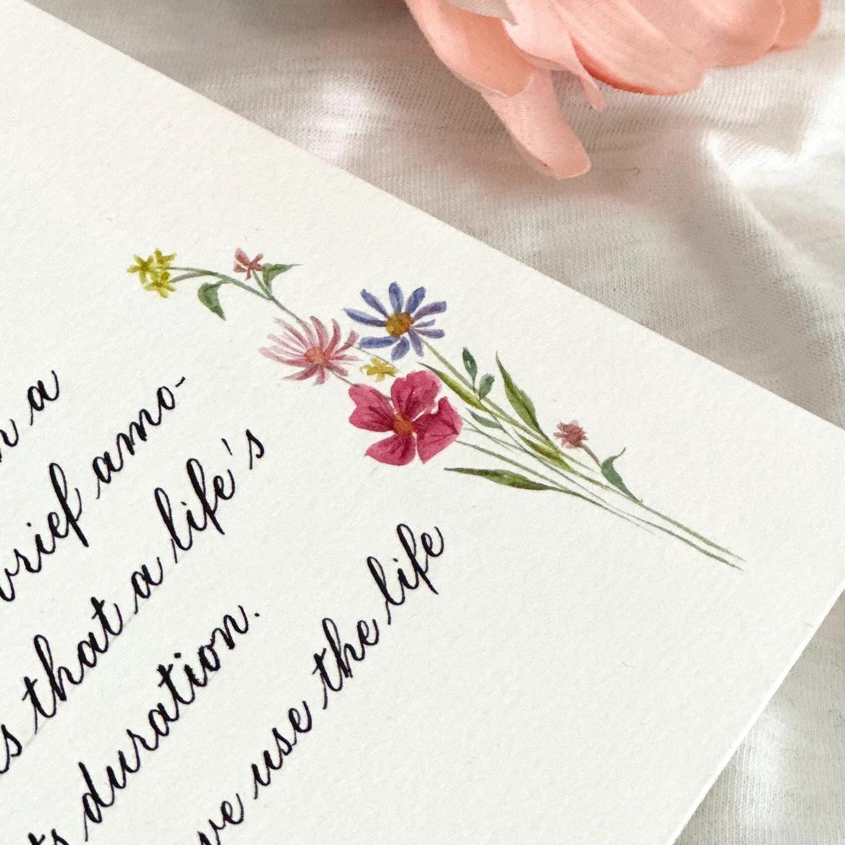 Custom calligraphy letter with watercolor flowers placed in the top corner design