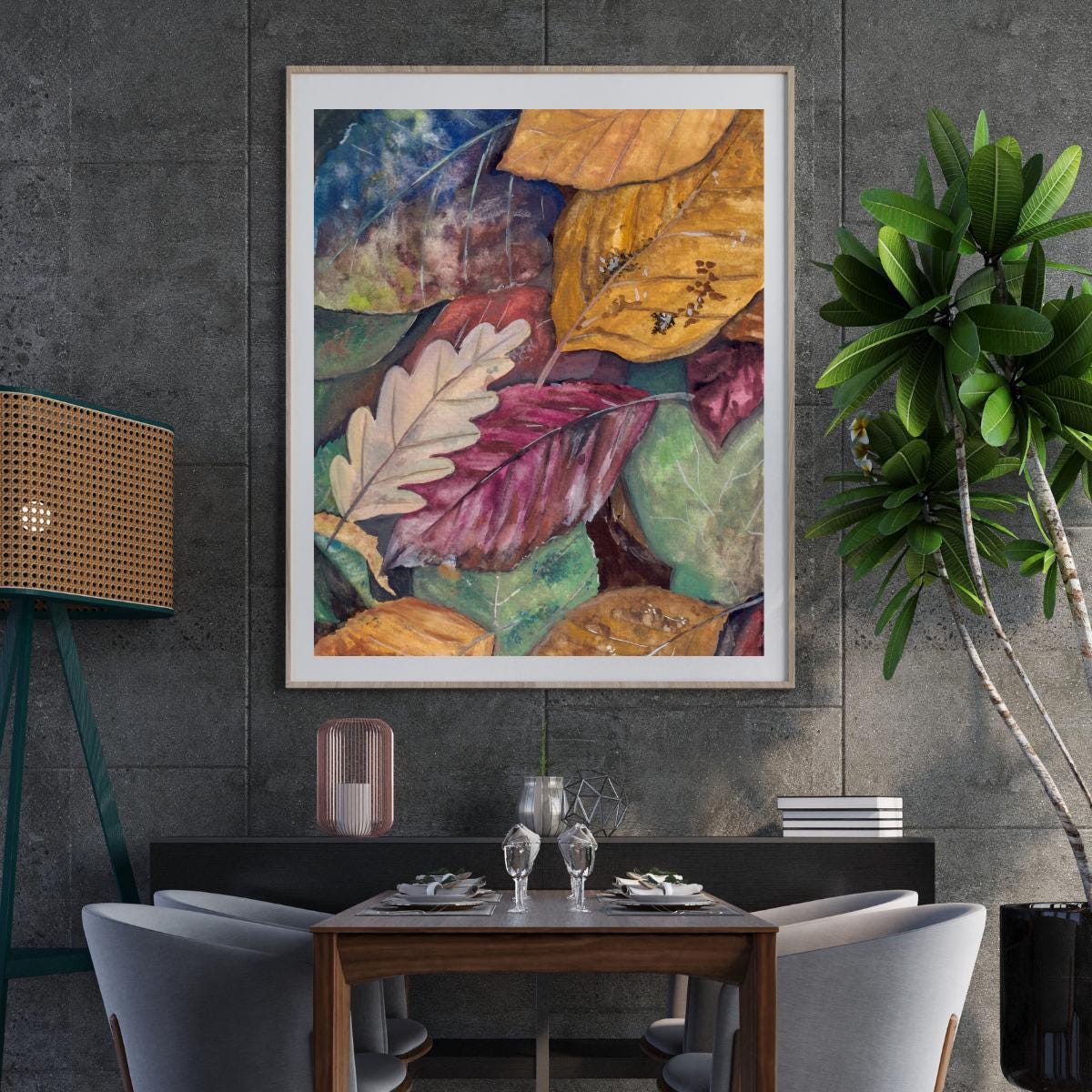 “Colors of Autumn” gouache digital print in a dark modern interior, rich fall leaves illustration with golden and earthy tones, HerPens