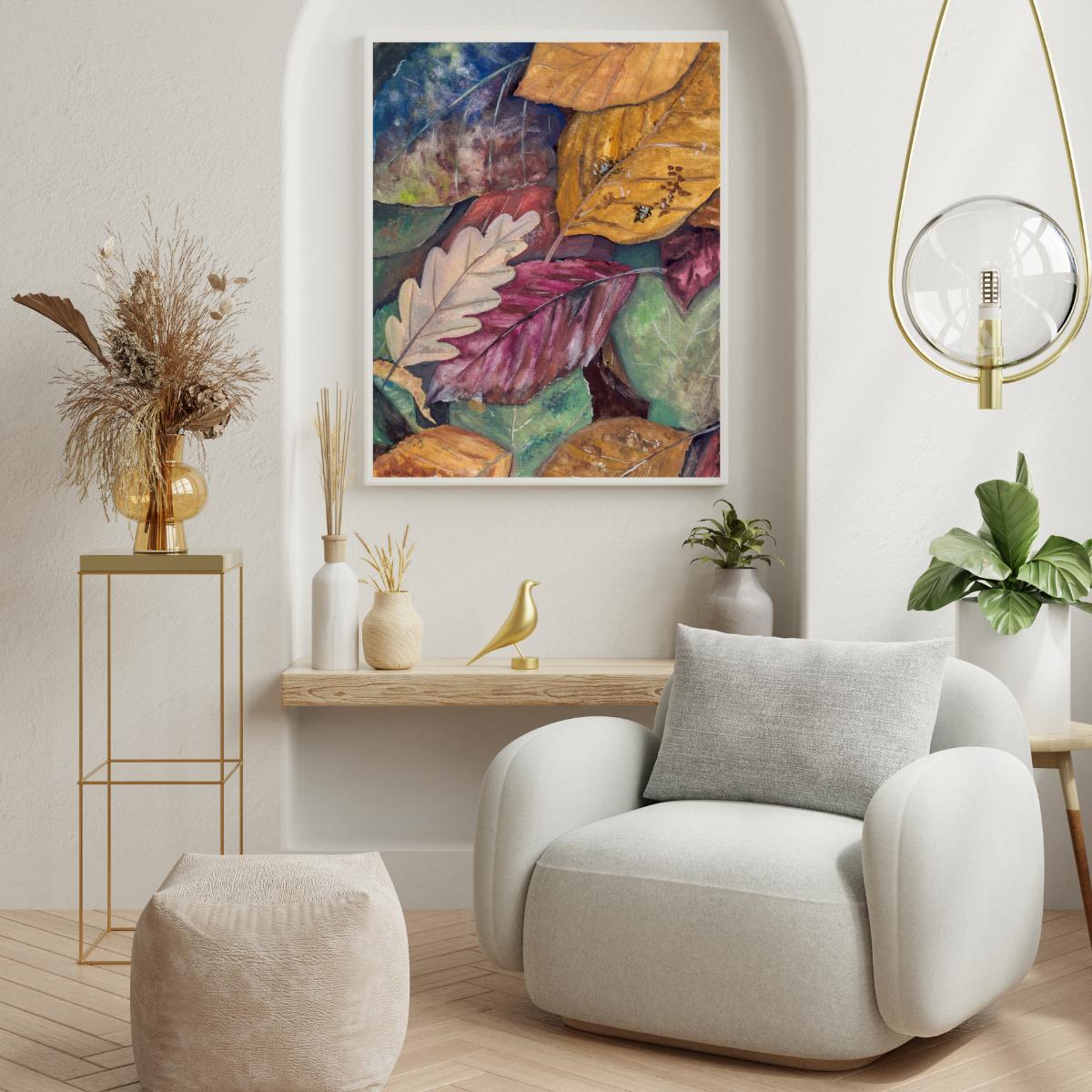 Framed gouache “Colors of Autumn” print displayed in a minimal gallery-wall setting with soft neutral tones, printable fall home art, HerPens