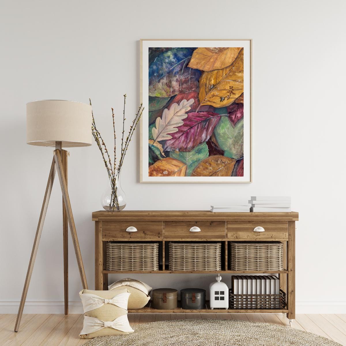 Framed gouache autumn leaves artwork on wooden console with lamp and plant, warm seasonal home décor digital print, HerPens