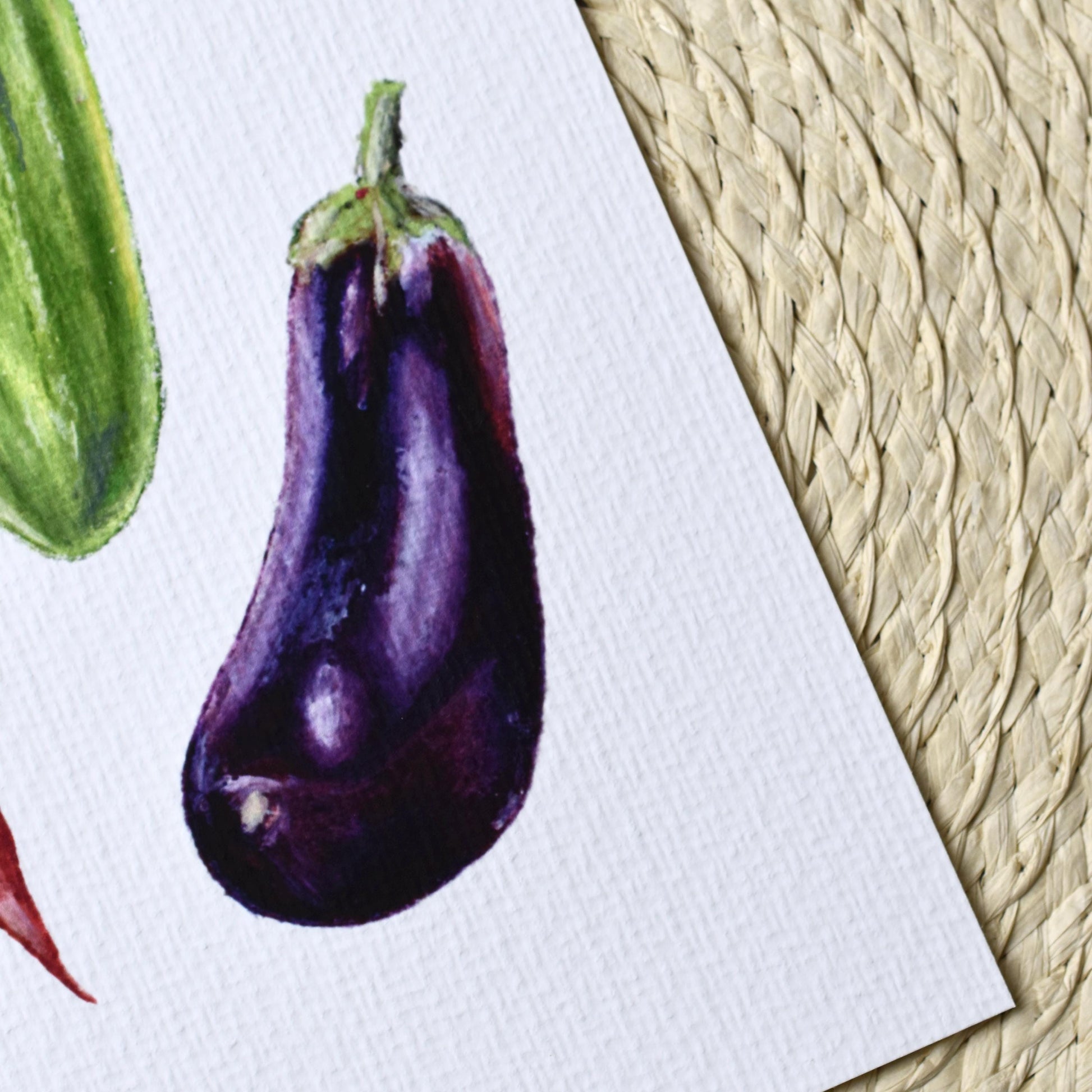 Right-angle view of oil pastel vegetable art print with aubergine detail in focus, vibrant rustic still-life illustration, HerPens