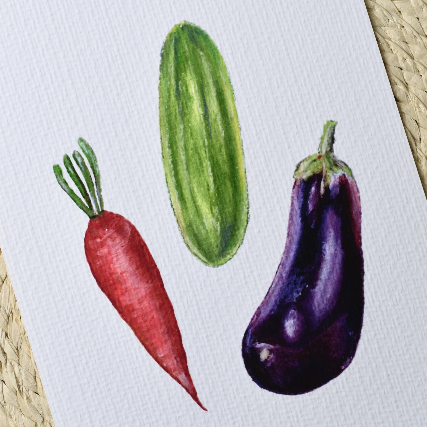 Close-up of colourful vegetables oil pastel art print showing textured strokes, soft grain and hand-drawn detail on fine art paper, HerPens