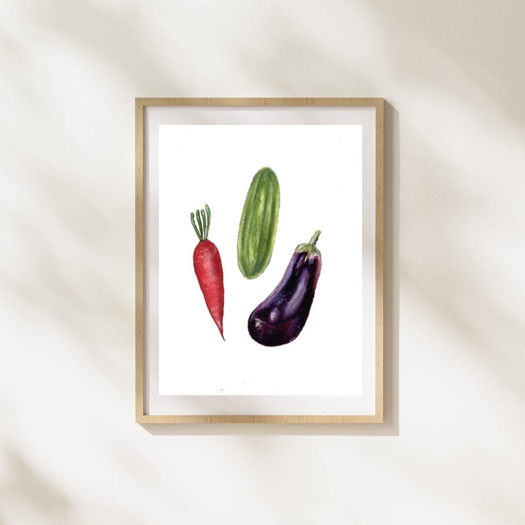 Framed colourful vegetables art print in oil pastel style, rustic kitchen wall decor on textured fine art paper, HerPens