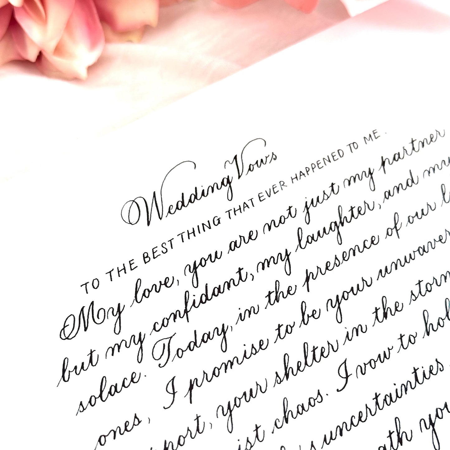 Copperplate calligraphy letter on A4 paper in brown ink elegant wedding vows handwritten keepsake herpens