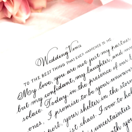 Copperplate calligraphy letter on A4 paper in brown ink elegant wedding vows handwritten keepsake herpens
