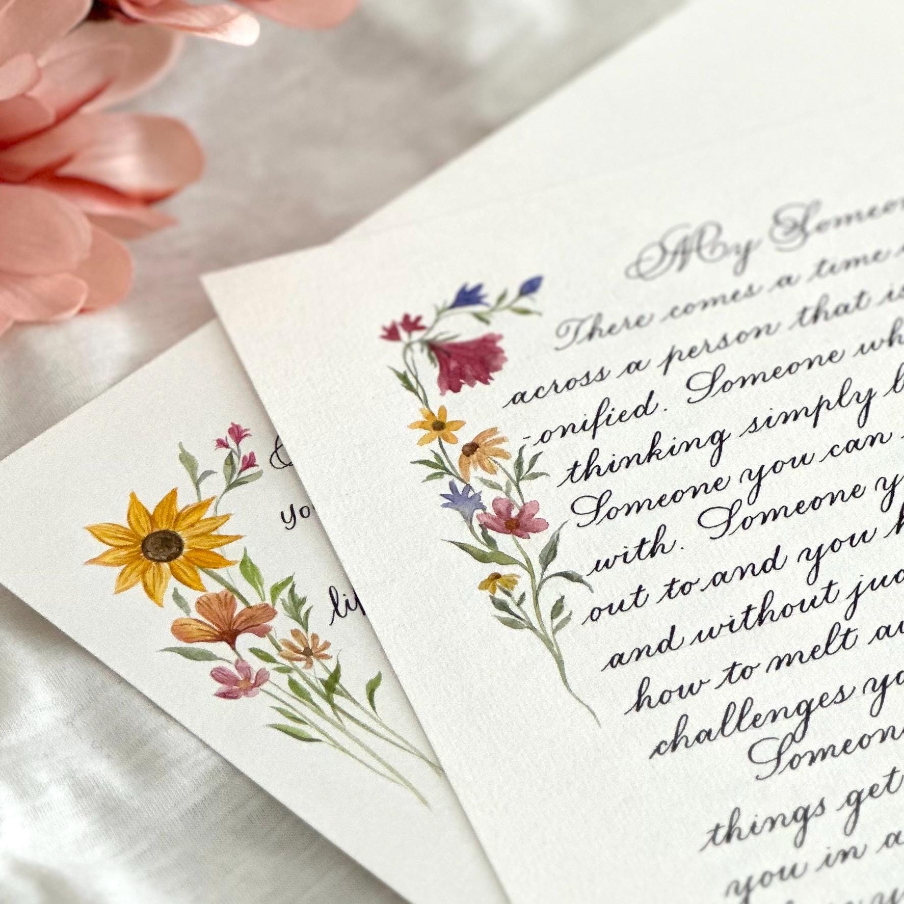Custom handwritten calligraphy letter with colorful watercolor floral border personalized gift