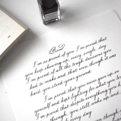 Dip pen writing copperplate calligraphy on A4 paper handwritten elegant script process herpens