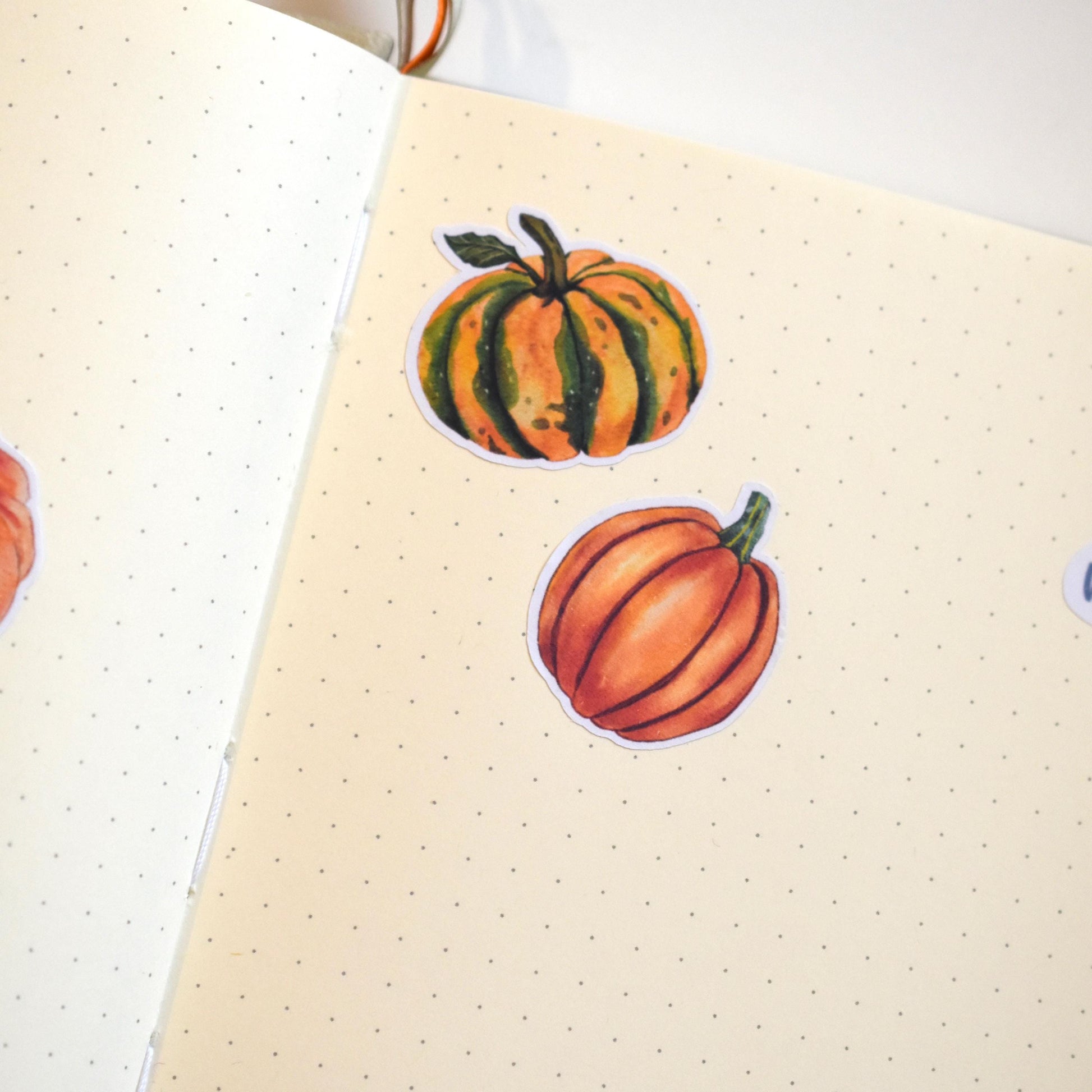 Handwritten flatlay of autumn pumpkin sticker sheet on A6 paper cozy seasonal journaling stickers herpens