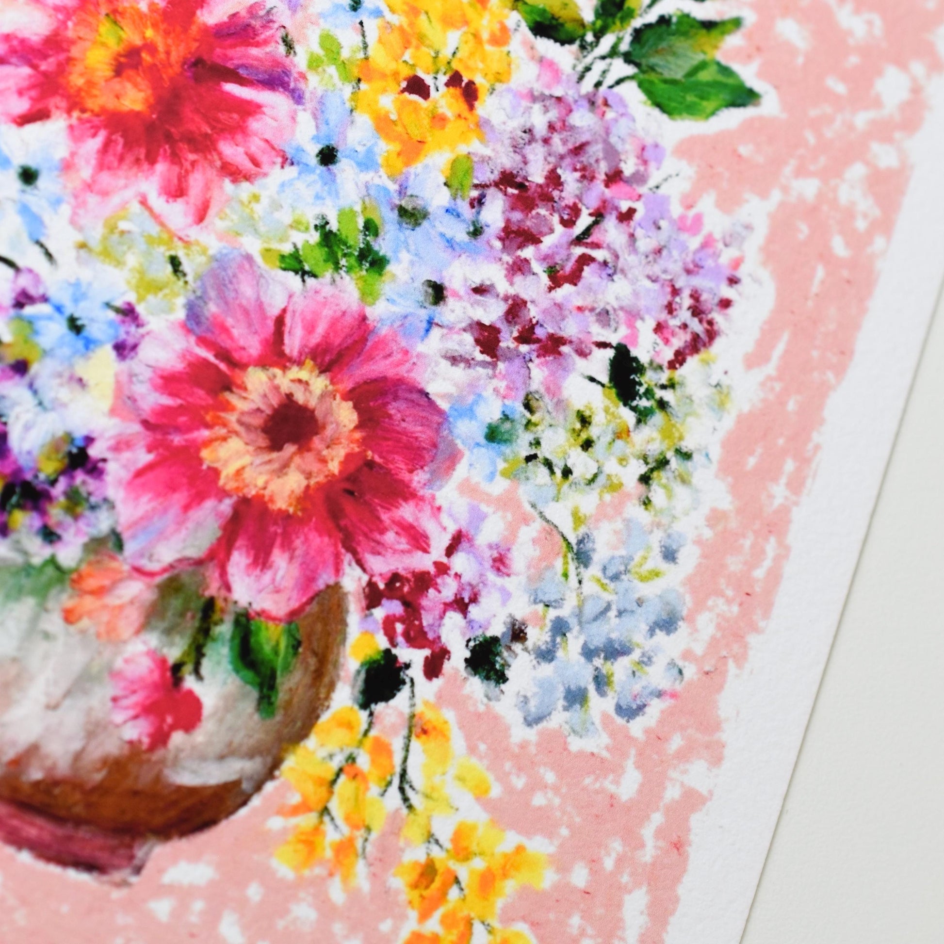 Detail of lower corner of floral oil pastel print, highlighting paper texture and soft pastel layering