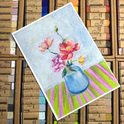 Floral oil pastel art print flatlay on pastel stick background, colorful flower vase artwork on textured fine art paper, HerPens