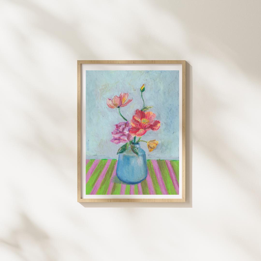 Framed floral oil pastel art print displayed on soft fabric background, modern floral wall decor for minimal interiors, HerPens