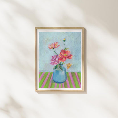 Framed floral oil pastel art print displayed on soft fabric background, modern floral wall decor for minimal interiors, HerPens